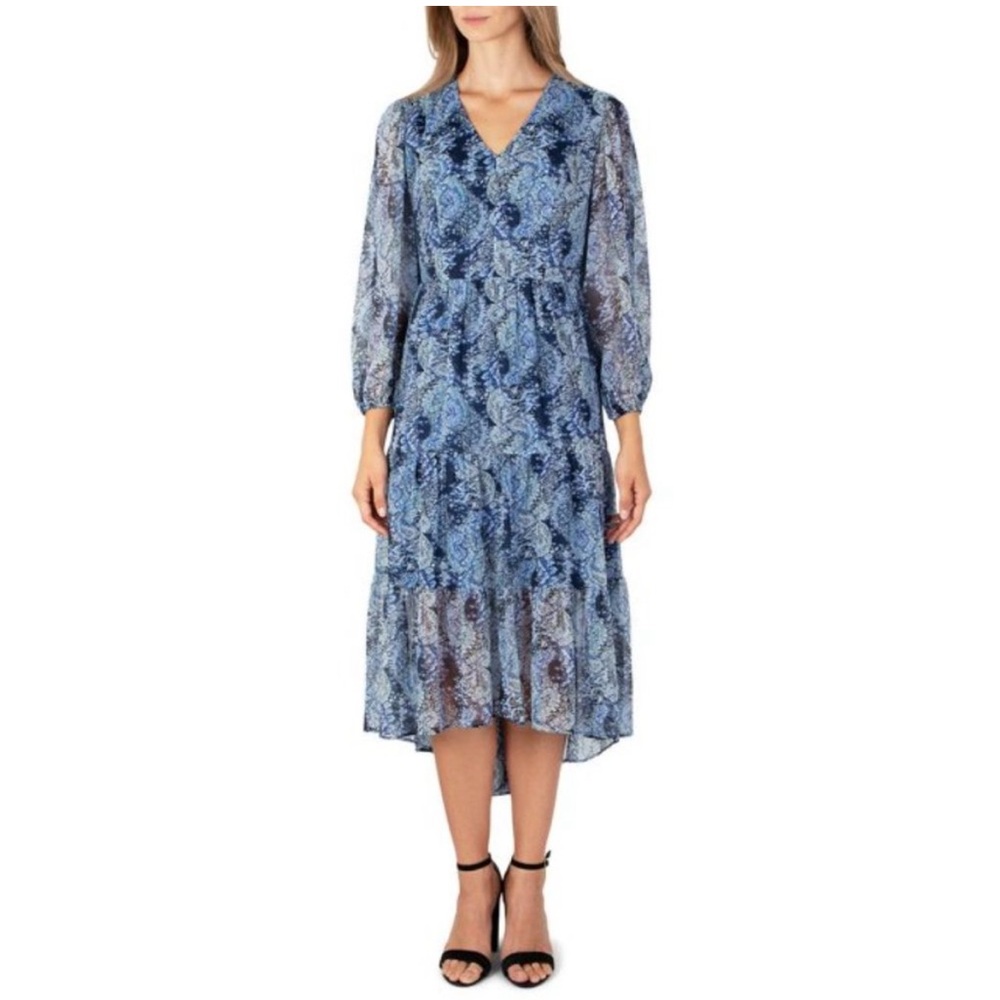 Joie Blue Parisian Paisley Watercolor Boho Dress Large Long Sleeve L